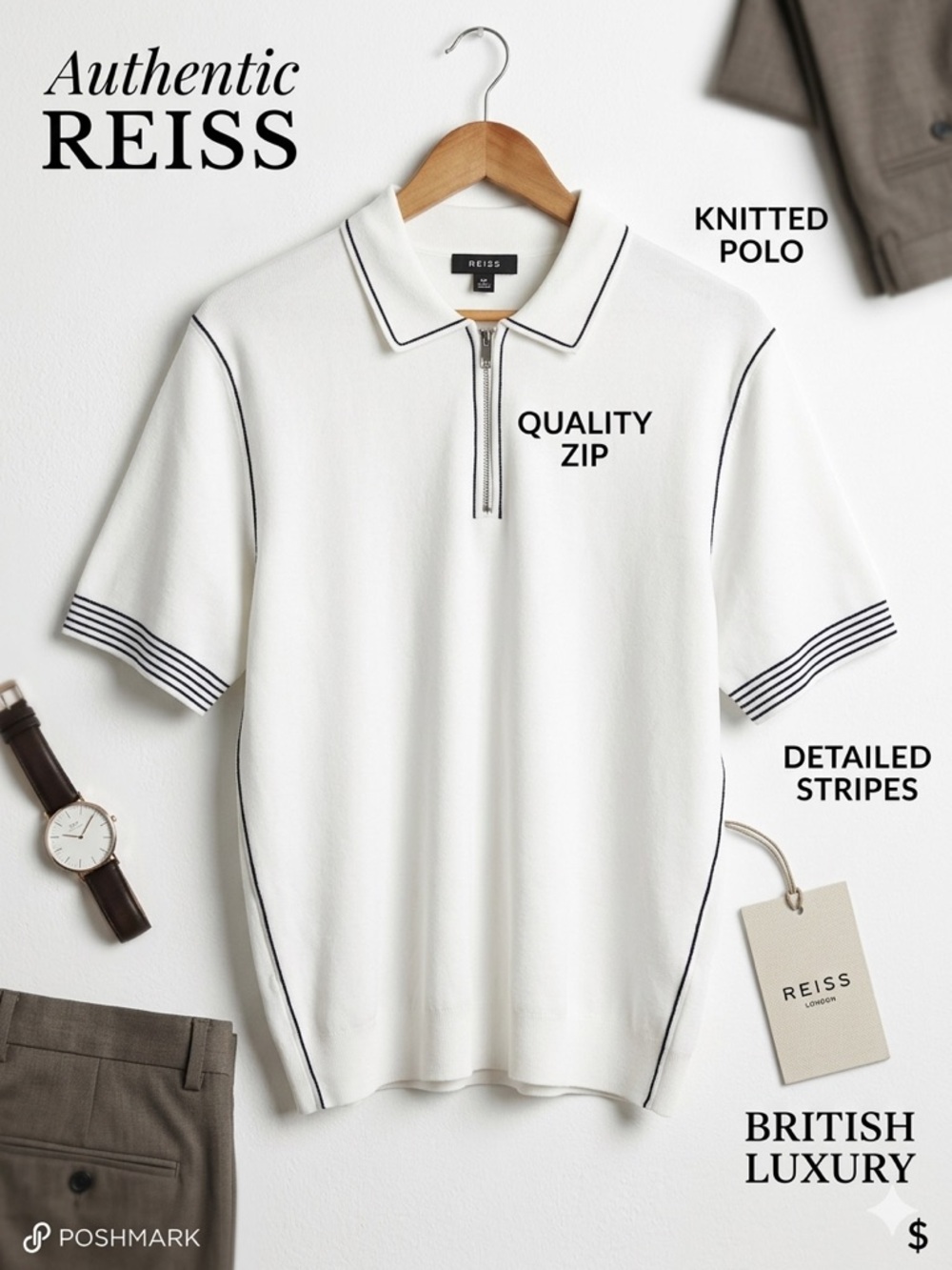 Reiss 🇬🇧White Short-Sleeve Zip Polo with Black Trim